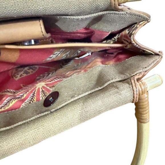 Fossil Vintage Wooden Handle Canvas Handbag Satchel Boho Purse Tan Brown Bag - Picture 13 of 14